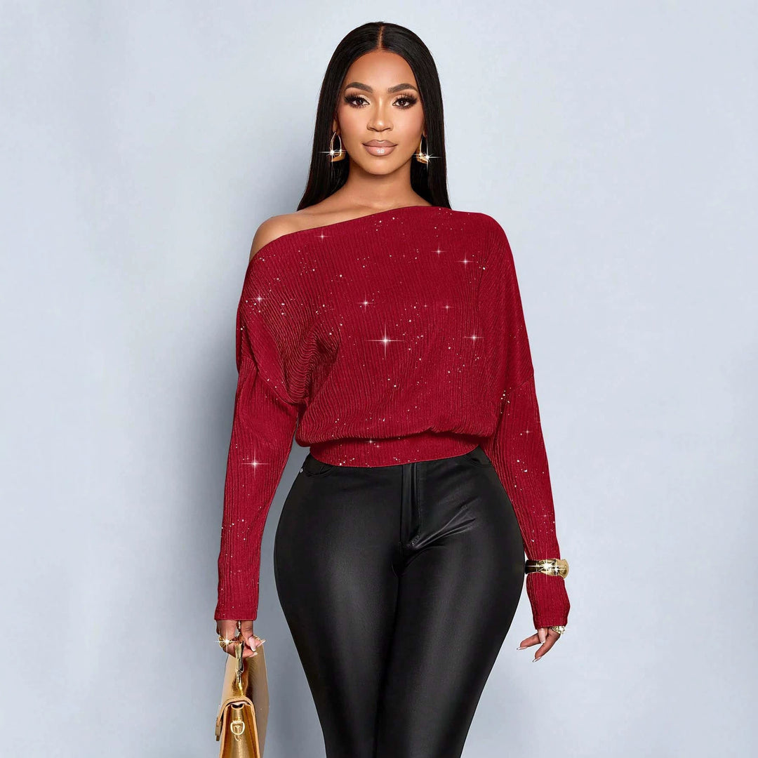 Damen Off-Shoulder Rippstrick-Pullover mit Glitzereffekt und Batwing-Ärmeln Drune