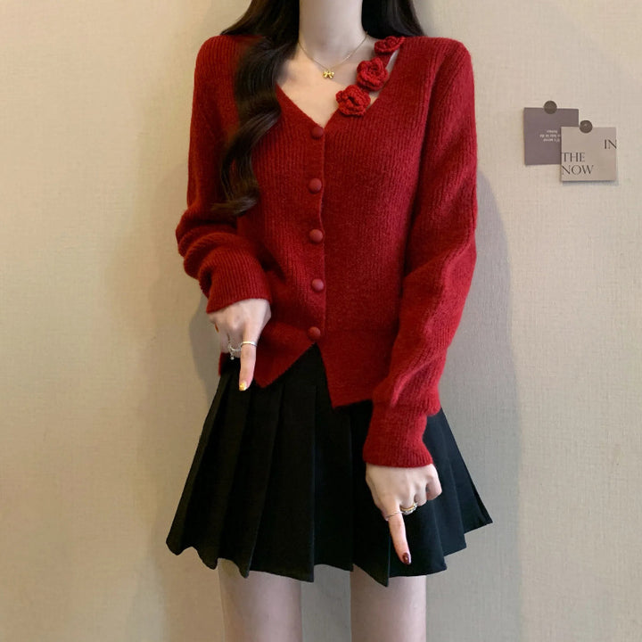 Damen Strickjacke mit floralem Detail und Knopfverschluss Drune