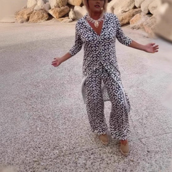 Damen Freizeit Maxi Kleid in ornamentalem Druck mit V-Ausschnitt, 3/4-Ärmeln und zentralem Frontschlitz Drune