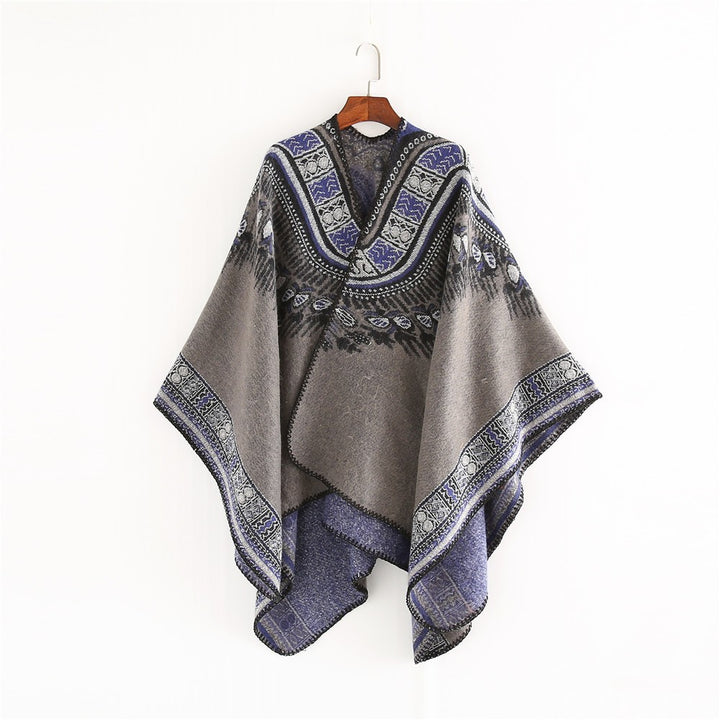 Damen Oversize-Poncho im Ethno-Jacquard mit V-Ausschnitt und strukturiertem Saum Drune