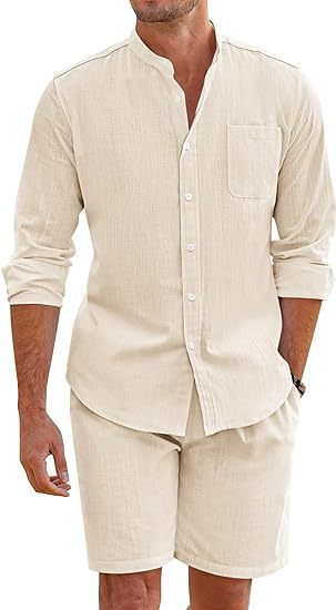 Herren nan Leinenoptik-Zweiteiler mit Stehkragen-Hemd, Brusttasche und legeren Shorts Drune