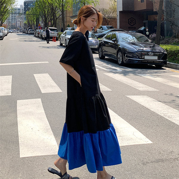 Damen Stufen-Maxi-Kleid mit Volants, Eingrifftaschen und lockerem Schnitt Drune