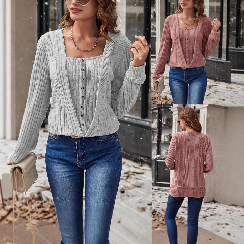 Damen Gerippter Feinstrick-Zweiteiler mit offenem Cardigan und Knopf-Cami Drune