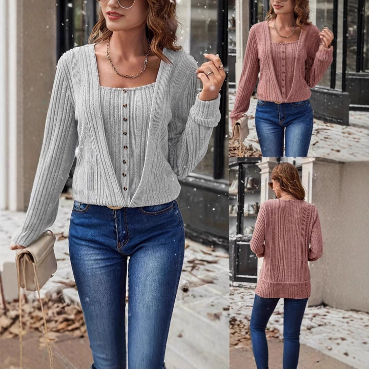 Damen Gerippter Feinstrick-Zweiteiler mit offenem Cardigan und Knopf-Cami Drune