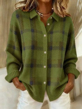 Damen Kariertes Strick-Hemdjacke-Cardigan mit Hemdkragen und gerippten Bündchen Drune