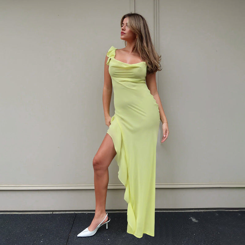Damen Elegantes Maxi-Kleid mit asymmetrischem Saum und Rüschendetails Drune