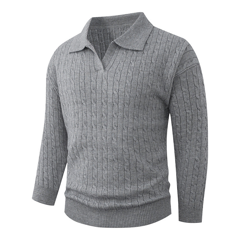 Herren Kabelstrick-Polo-Pullover mit V-Ausschnitt und Zopfmuster Drune
