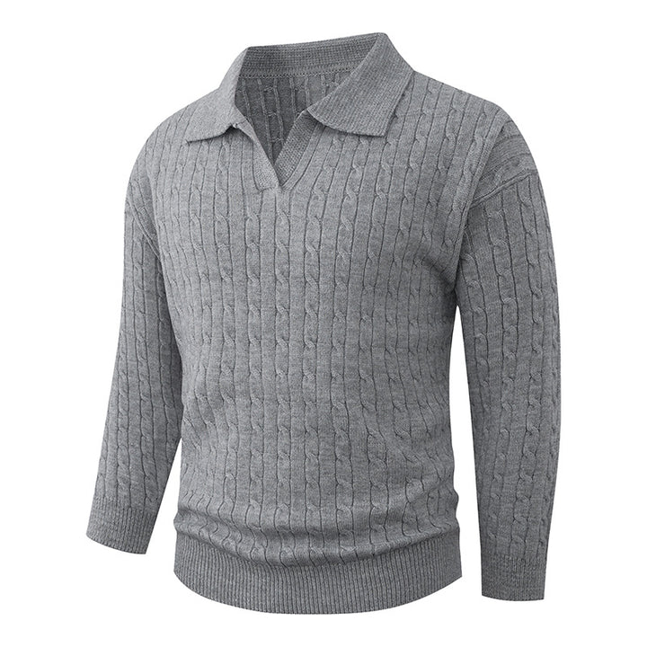 Herren Kabelstrick-Polo-Pullover mit V-Ausschnitt und Zopfmuster Drune