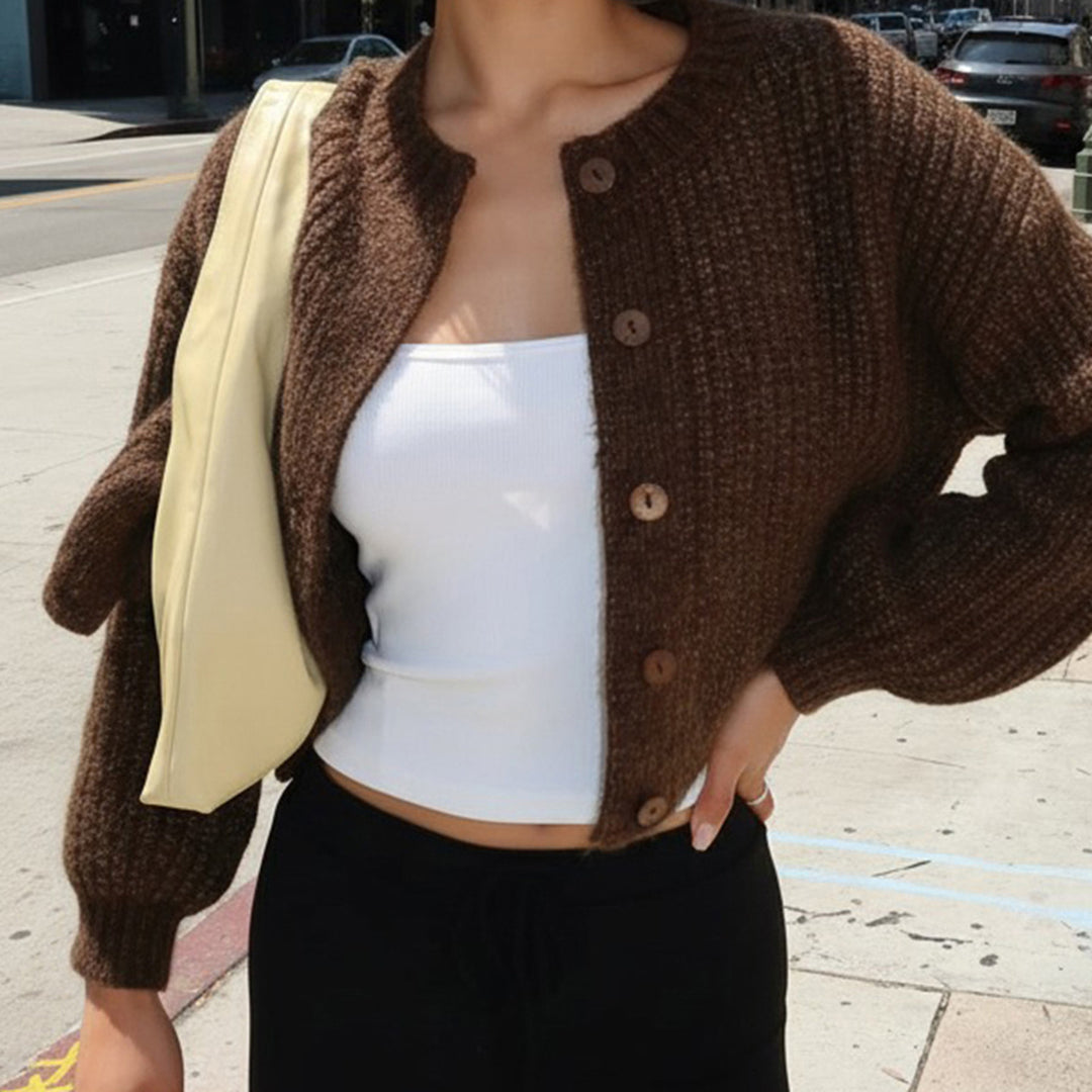 Damen Kurzgeschnittene Rippstrick-Cardigan mit Ballonärmeln und Zierknopfleiste Drune