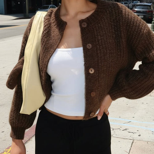 Damen Kurzgeschnittene Rippstrick-Cardigan mit Ballonärmeln und Zierknopfleiste Drune