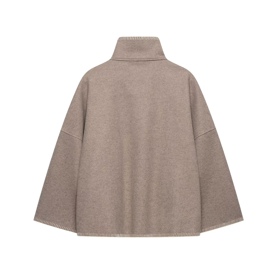 Damen Wollmix-Cape mit hohem Stehkragen, dekorativer Ziernaht und Knopfleiste Drune