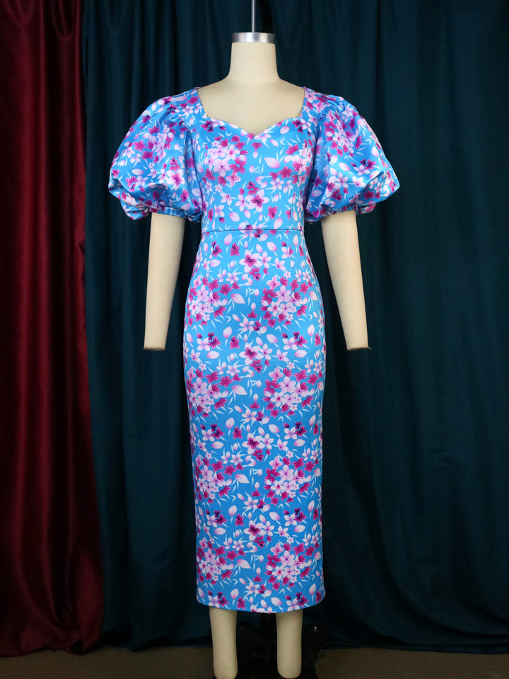 Damen Elegantes Kleid mit voluminösen Puffärmeln und floralem Muster Drune