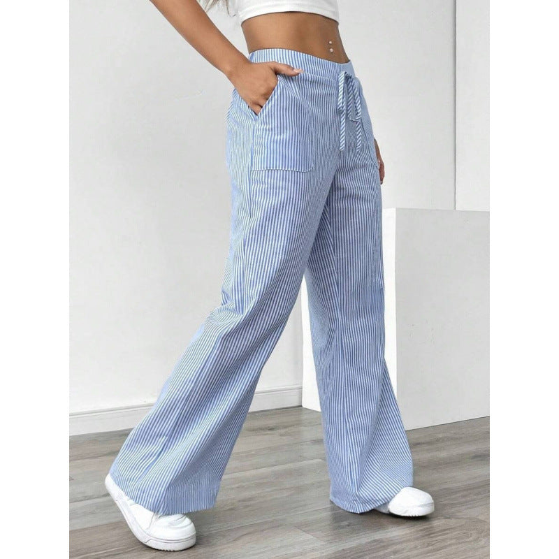 Damen breite Streifenhose mit hohem Taillenbund und praktischen Taschen Drune