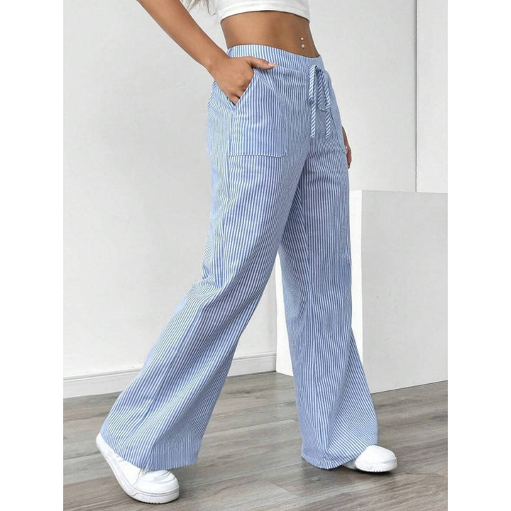 Damen breite Streifenhose mit hohem Taillenbund und praktischen Taschen Drune