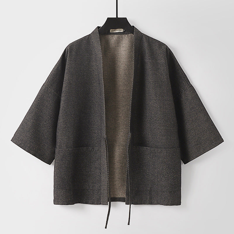 Herren Lockerer Kimono-Cardigan aus strukturierter Baumwollmischung mit kurzem Ärmel und Bindeband Drune