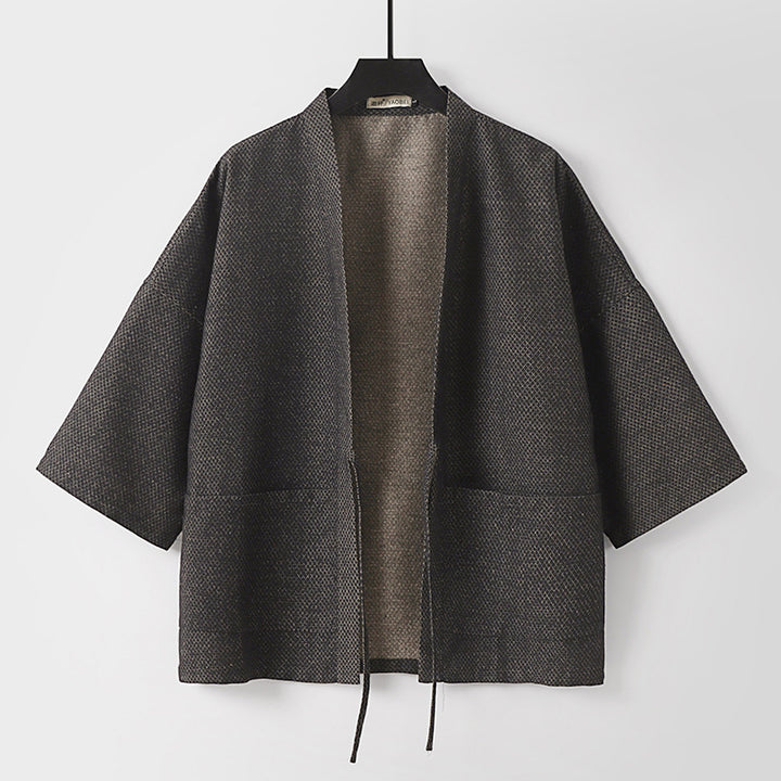 Herren Lockerer Kimono-Cardigan aus strukturierter Baumwollmischung mit kurzem Ärmel und Bindeband Drune