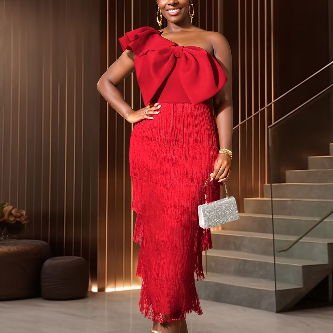 Damen Cocktailkleid mit voluminösem Rüschendesign und Fransen Drune