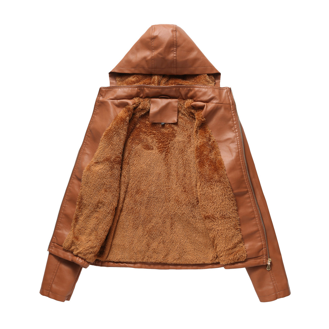 Damen nan taillierte Kunstlederjacke mit Kapuze, wattiertem Innenfutter und verdeckten Reißverschlusstaschen Drune