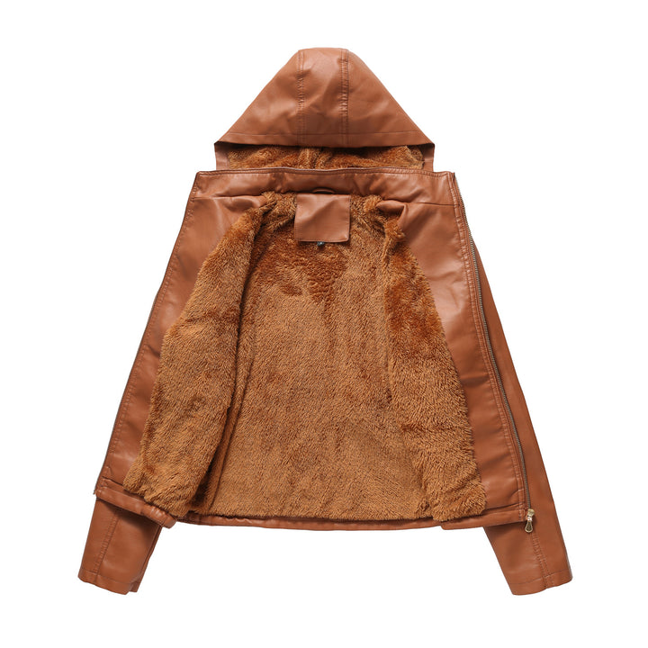 Damen nan taillierte Kunstlederjacke mit Kapuze, wattiertem Innenfutter und verdeckten Reißverschlusstaschen Drune
