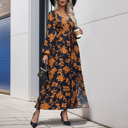 Damen Florales Maxikleid mit Wickel‑Dekolleté, Smock‑Taillenband und hohem Seitenschlitz Drune