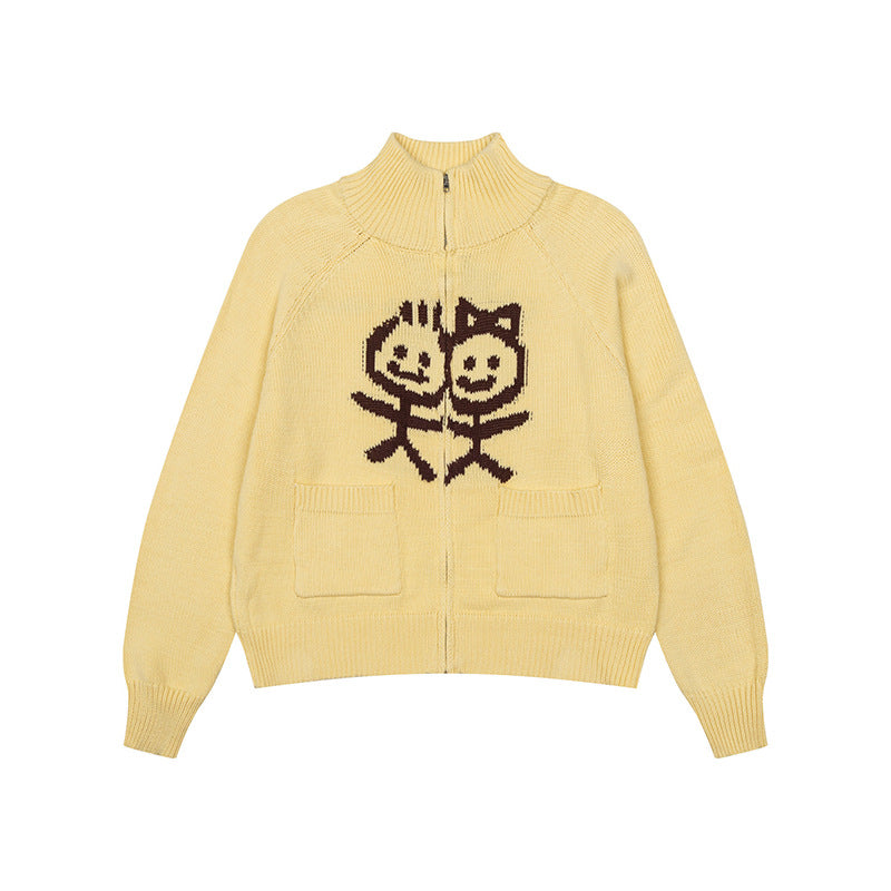 Damen Grobstrick-Zipcardigan mit Stehkragen, aufgesetzten Taschen und Cartoon-Intarsie Drune