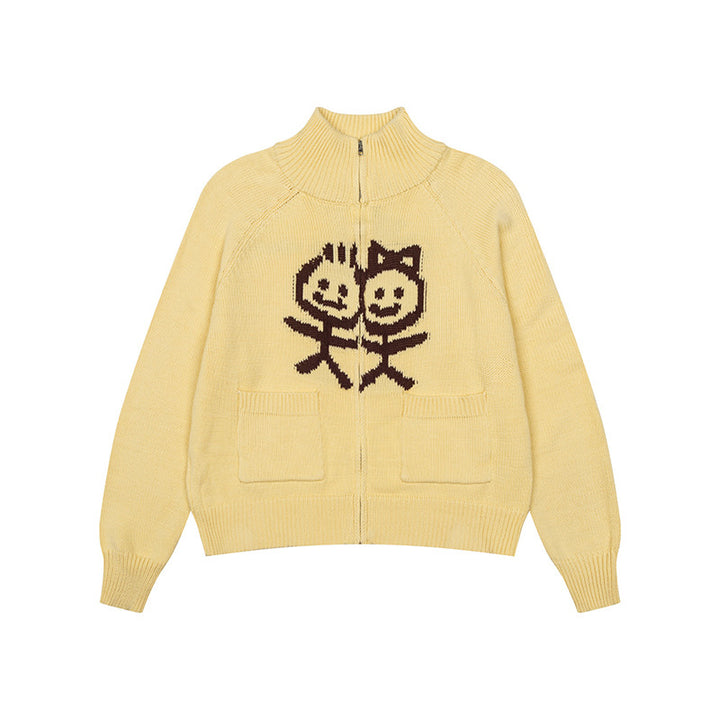 Damen Grobstrick-Zipcardigan mit Stehkragen, aufgesetzten Taschen und Cartoon-Intarsie Drune
