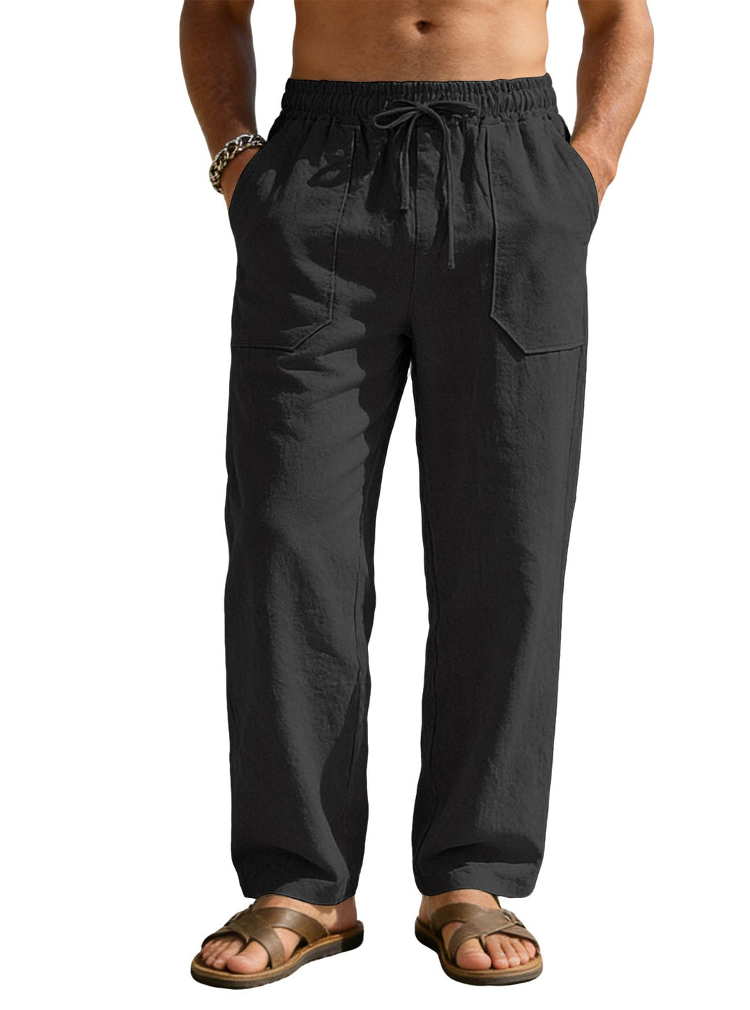 Herren nan weite Relaxhose aus Leinen-Mix mit Kordelbund und aufgesetzten Beintaschen Drune