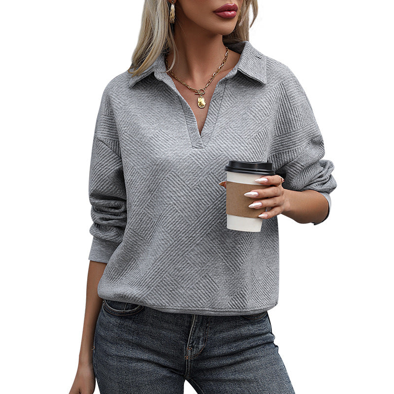 Damen Strukturierter Feinstrick-Pullover mit Polokragen und tiefem V-Ausschnitt Drune