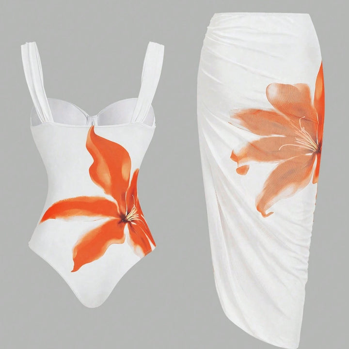 Damen Badeanzug mit elegantem floralem Design und passendem Wickelrock Drune
