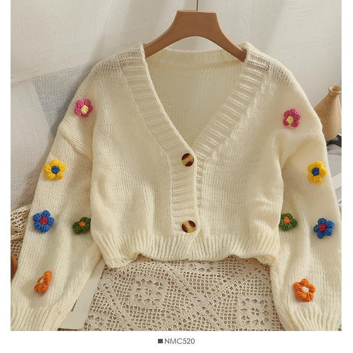 Damen kuschelige Strickjacke mit verspielten Blumenapplikationen Drune