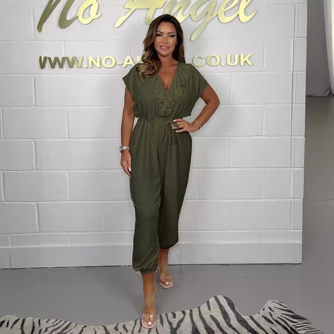 Damen Jumpsuit mit Rüschendetails und Bindegürtel Drune
