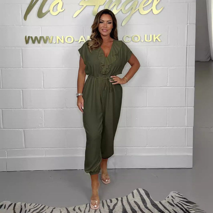 Damen Jumpsuit mit Rüschendetails und Bindegürtel Drune