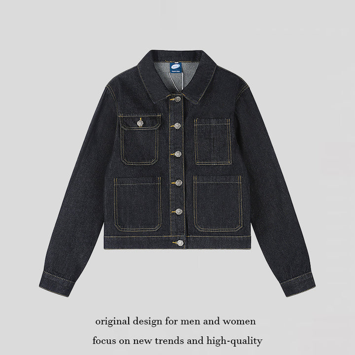 Damen Boxy-Jeansjacke mit aufgesetzten Taschen und sichtbaren Kontrastnähten Drune