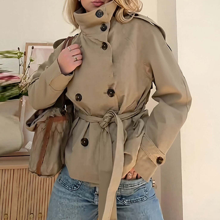 Damen Modische Langjacke mit hohem Kragen und taillierbarem Gürtel Drune