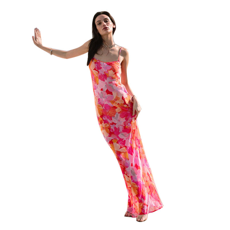 Damen Elegantes Floral-Maxikleid mit zarten Spaghettiträgern und fließendem Schnitt Drune