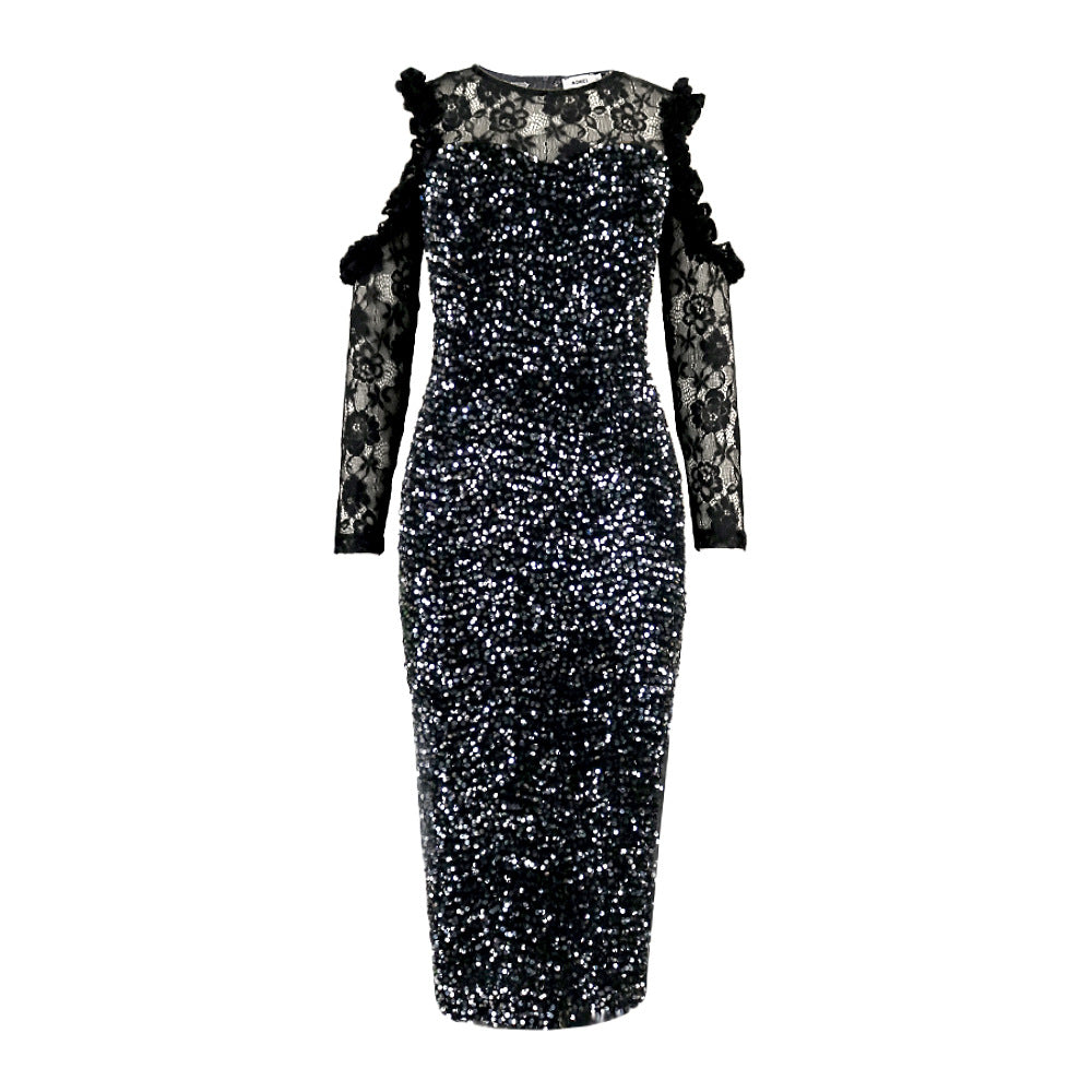 Damen glamouröses Abendkleid mit funkelnden Pailletten und Spitzenärmeln Drune