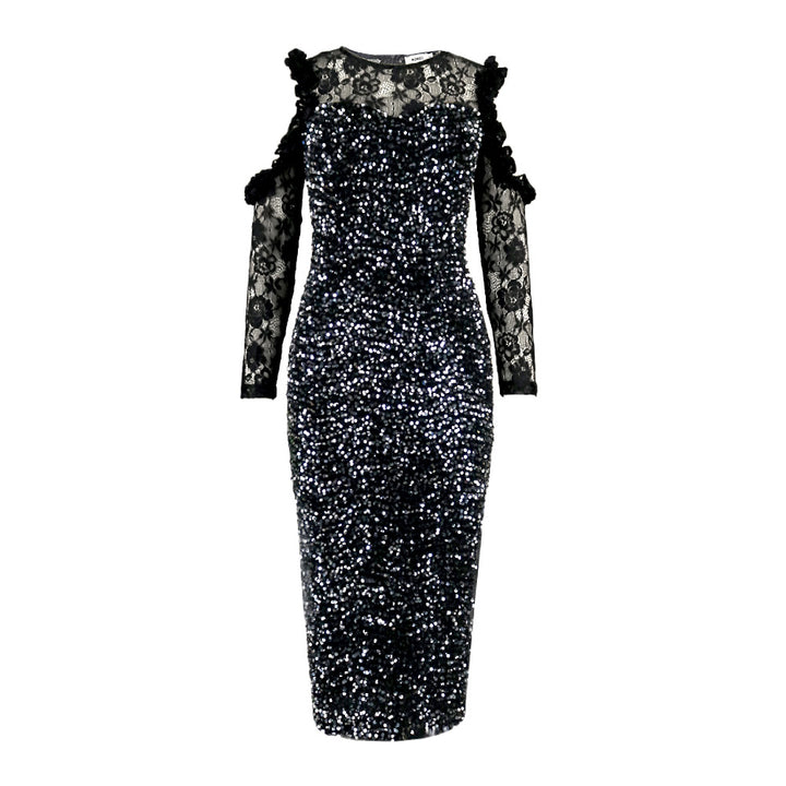 Damen glamouröses Abendkleid mit funkelnden Pailletten und Spitzenärmeln Drune