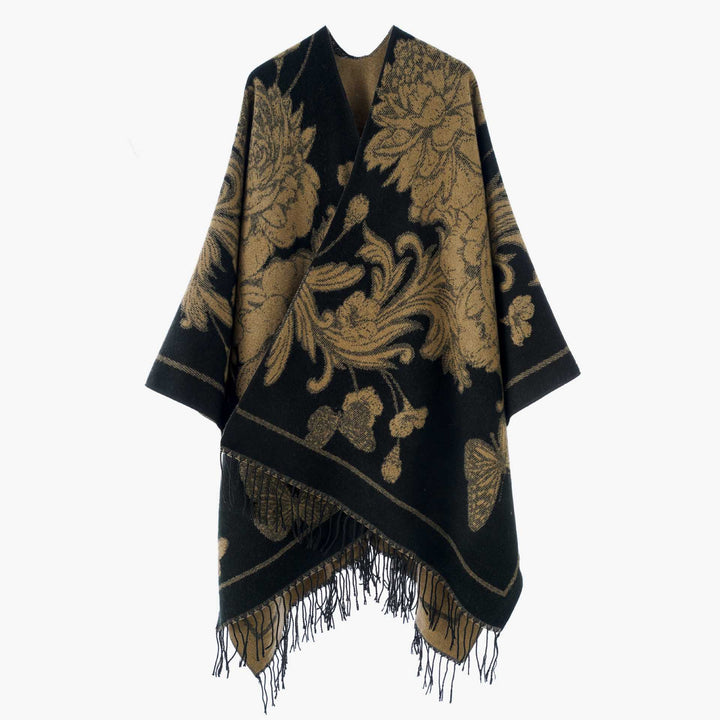 Damen Großer Wollmix Fransenponcho mit diagonalen Kontraststreifen Drune
