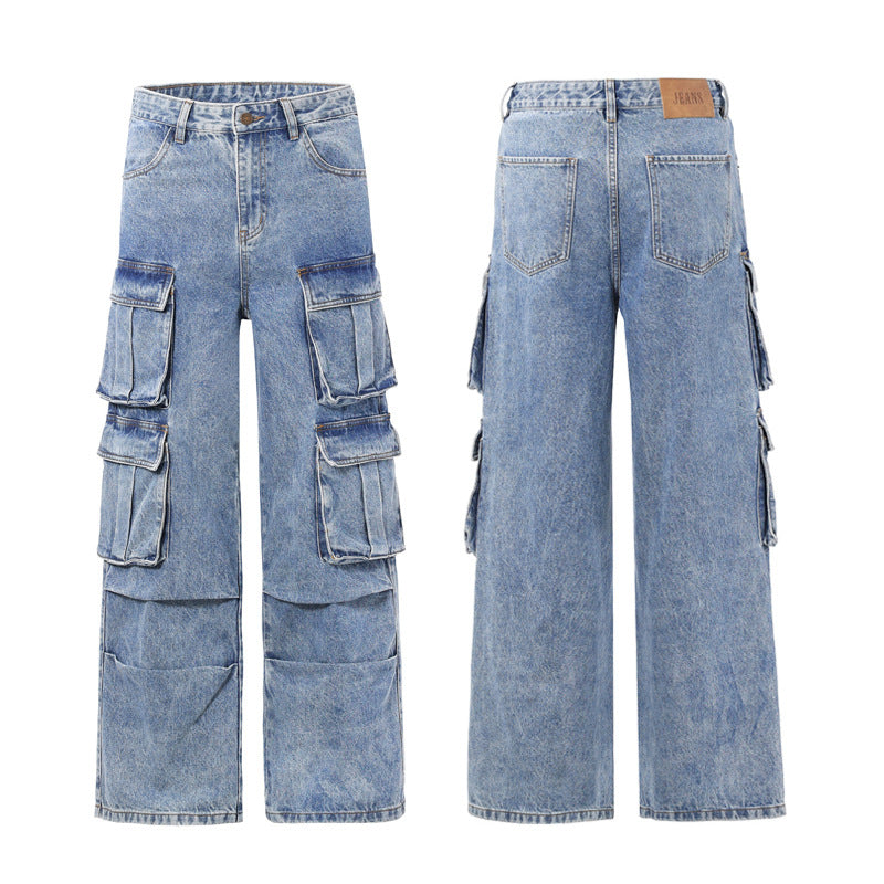 Damen Weite Cargo-Denimhose mit mehreren Klappentaschen und Baggy‑Silhouette Drune