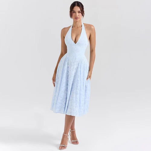 Damen Elegantes Midikleid mit tiefem V-Ausschnitt und schwingendem Rock Drune
