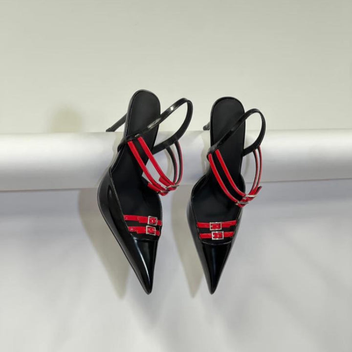 Damen Spitz zulaufende Slingback‑Pumps in Lackoptik mit mehrreihigen Zierriemen und verstellbaren Schnallen Drune