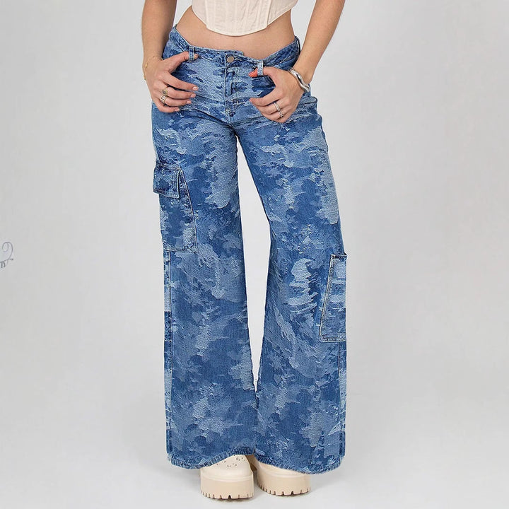 Damen Cargo-Flared-Jeans mit Camouflage-Waschung Drune