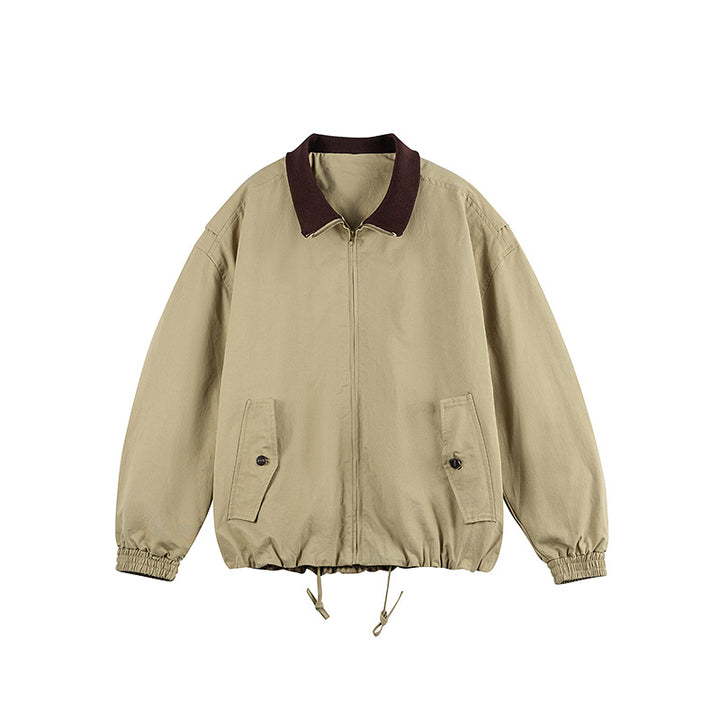 Herren Kastige Zip-Übergangsjacke aus robustem Canvas mit kontrastiertem Strickkragen, Tunnelzug und Pattentaschen Drune