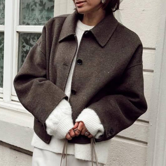 Damen oversized Wolljacke mit elegantem Kragen Drune