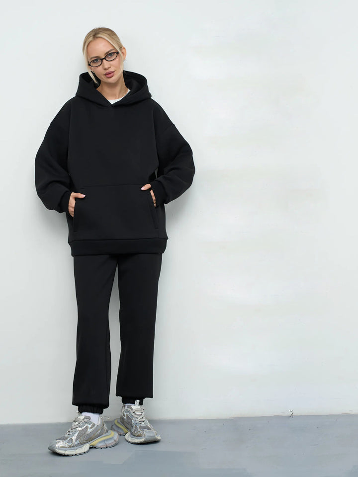 Damen lässiges Kapuzen-Sweatset aus schwerer Baumwollfleece mit Kängurutasche und gerader Jogginghose Drune