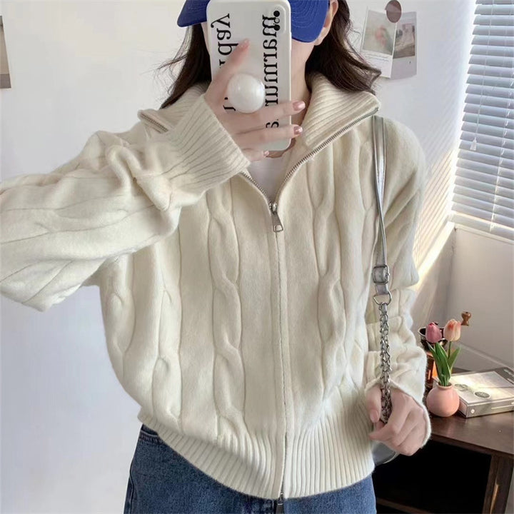 Damen Strickjacke mit Reißverschluss und Kordelzug Drune