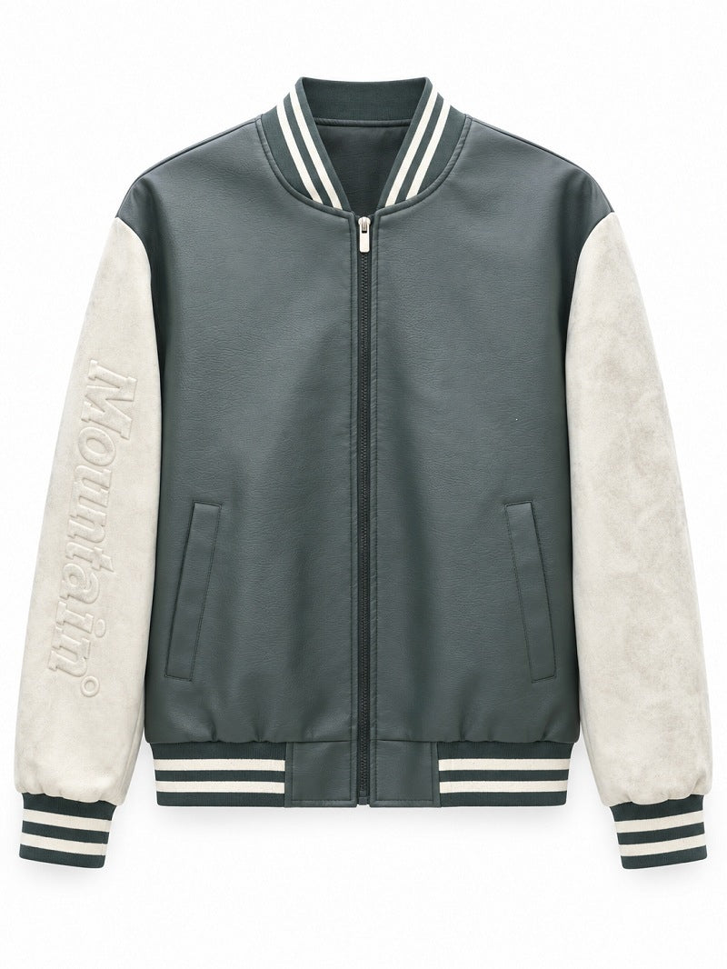 Herren Varsity‑Bomberjacke im College‑Stil mit Lederimitatkörper und kontrastierenden Wildlederärmeln Drune