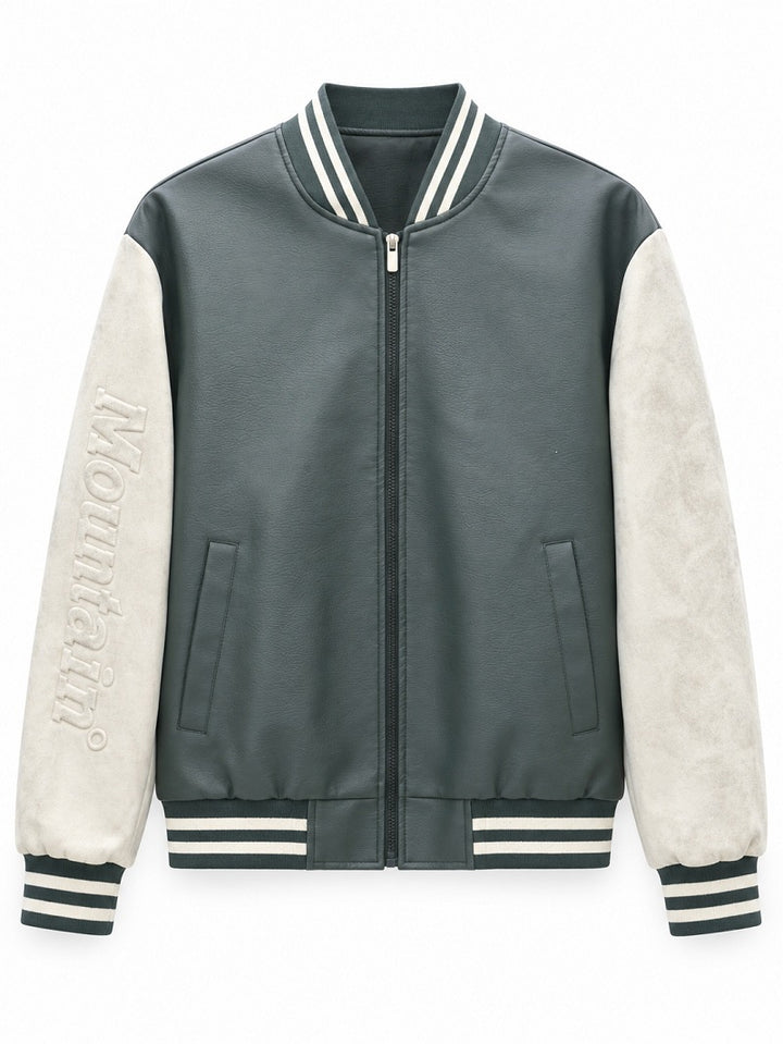 Herren Varsity‑Bomberjacke im College‑Stil mit Lederimitatkörper und kontrastierenden Wildlederärmeln Drune