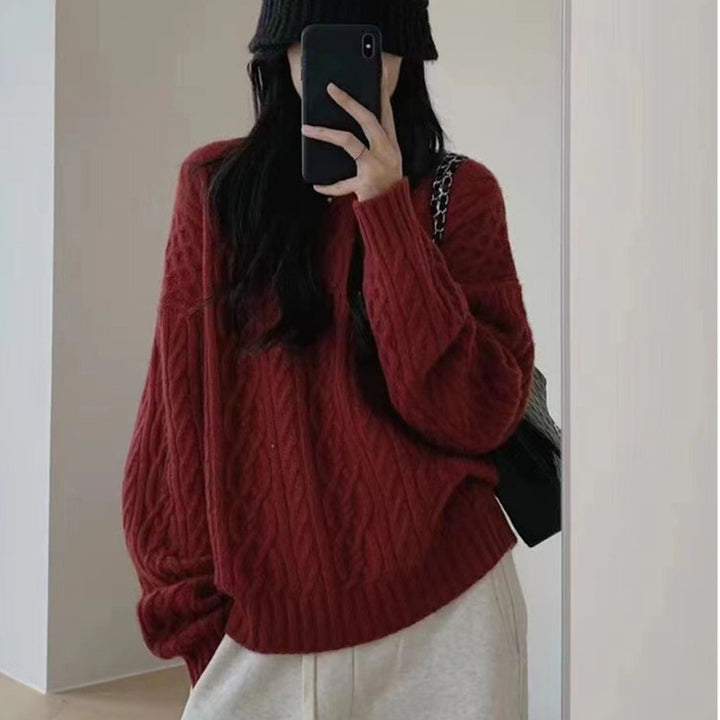 Damen Oversize Zopfmuster‑Pullover mit Rundhalsausschnitt und lässiger Schulterpartie Drune