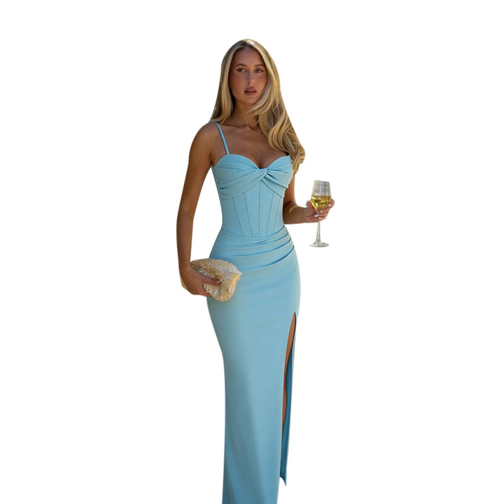 Damen elegantes Maxikleid mit romantischem Wickeloberteil und hochgeschlitztem Design Drune